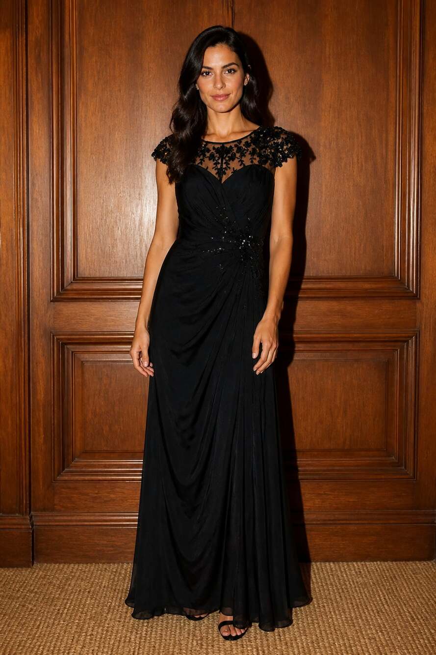 Jade Couture Black Beaded Illusion Cap Sleeve Ruched Evening Gown Size 10